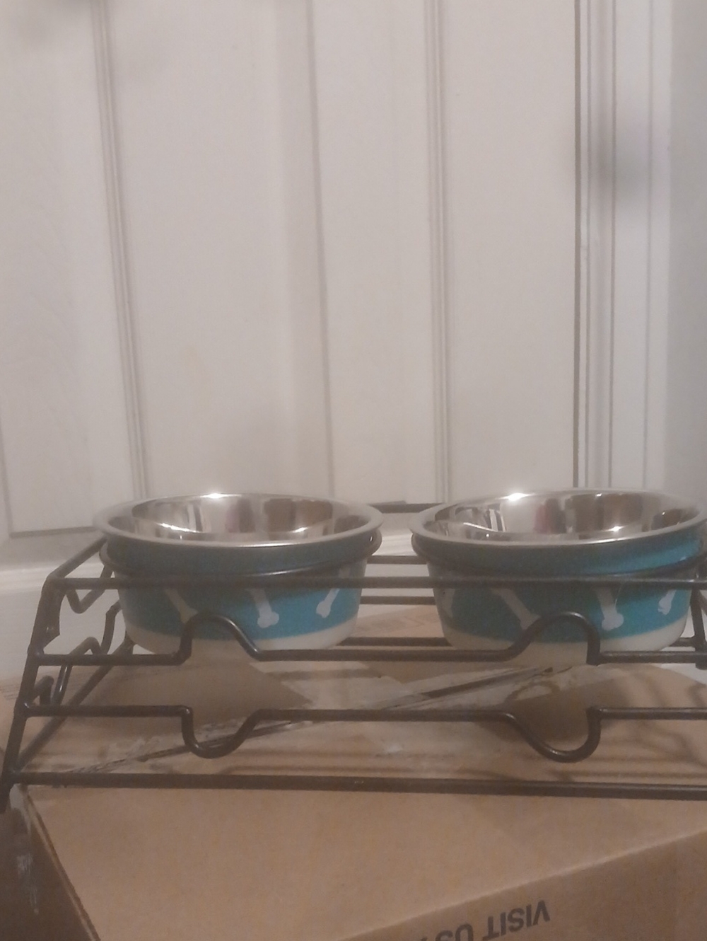 Elevated Double Pet Bowls - Blue Bone Pattern